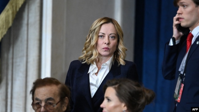 Prime Minister of Italy Giorgia Meloni arrives for the inauguration ceremony before Donald Trump is sworn in as the 47th US President in the US Capitol Rotunda in Washington, on Jan. 20, 2025.